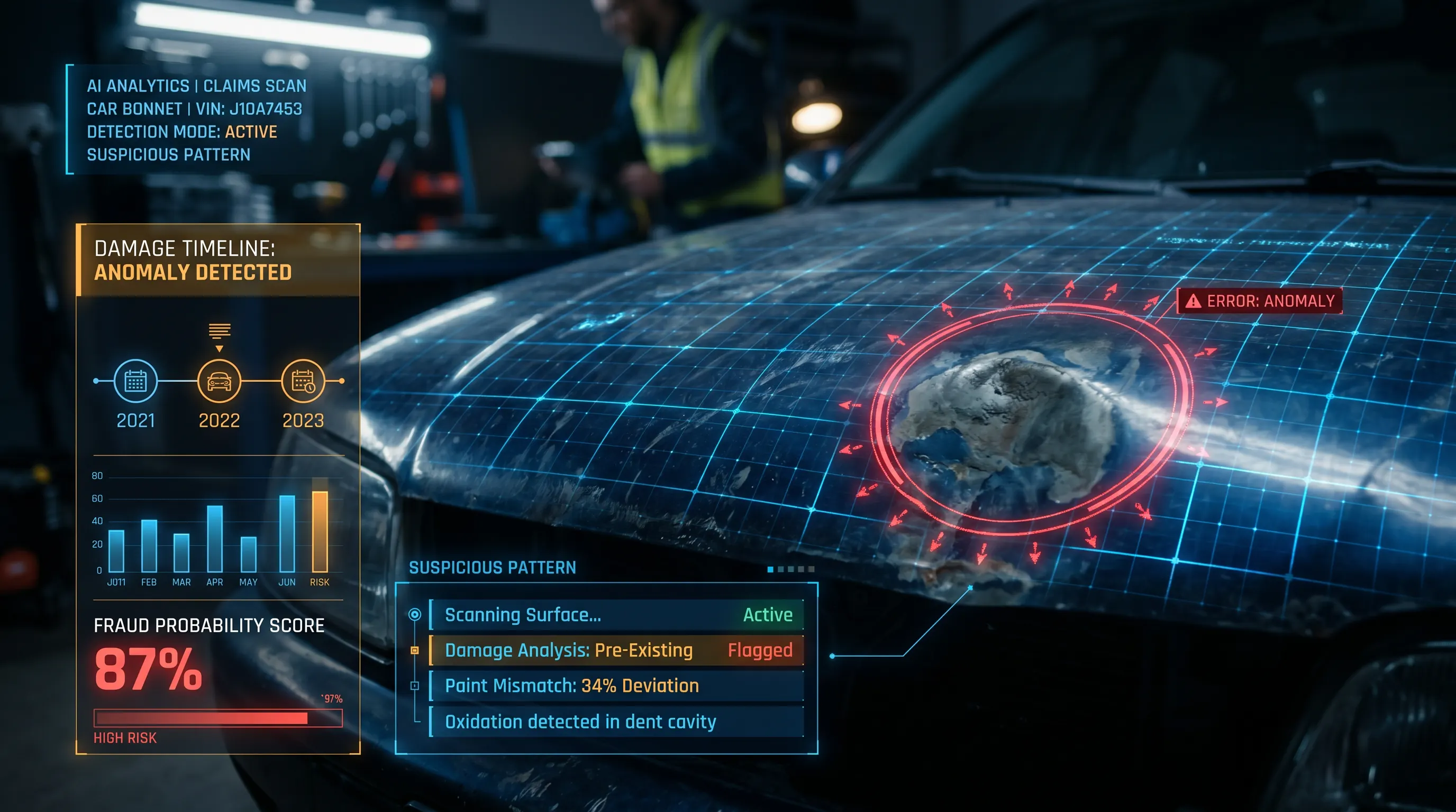 Close-up AI interface overlaid on a damaged car bonnet