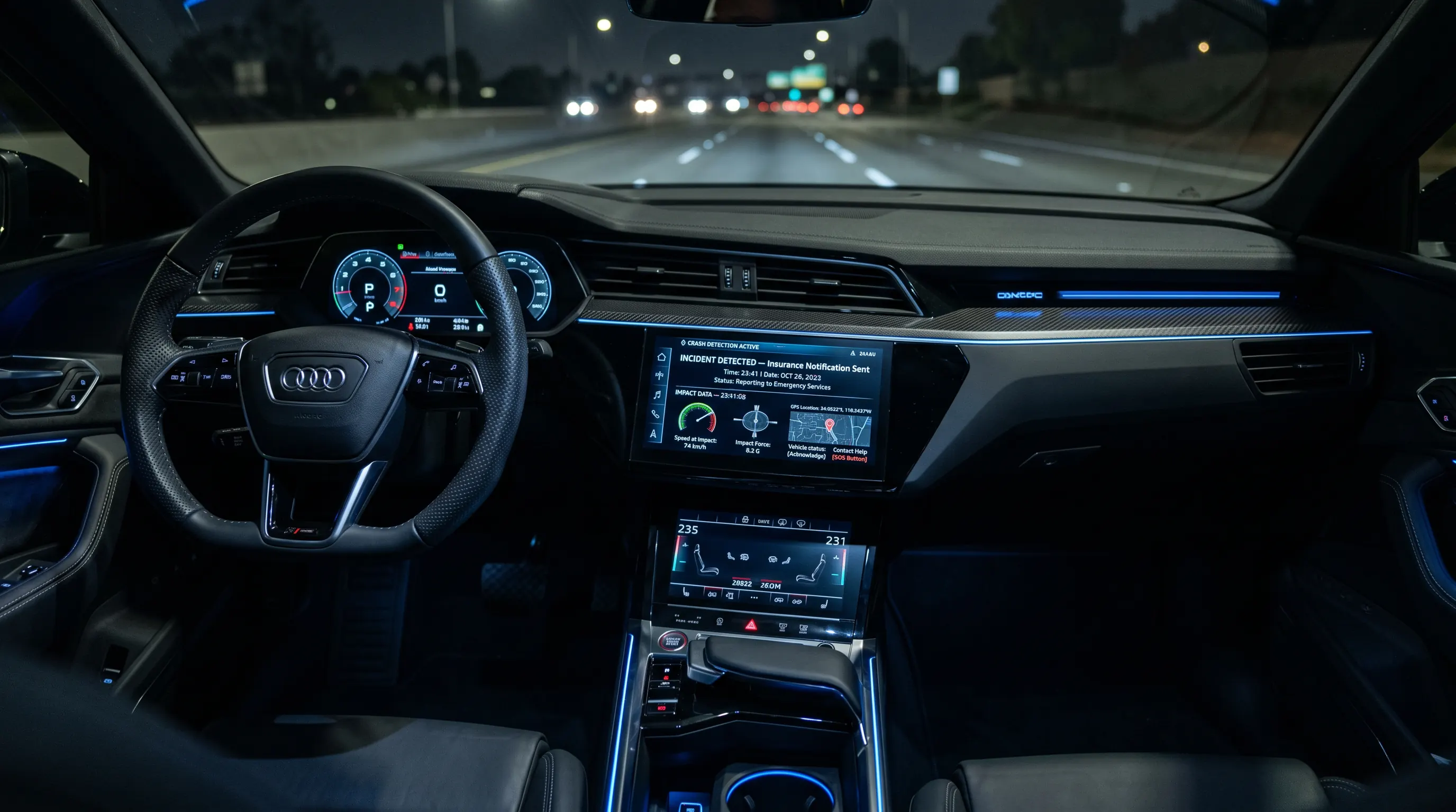 A photorealistic close-up of a modern car's interior dashboard at night