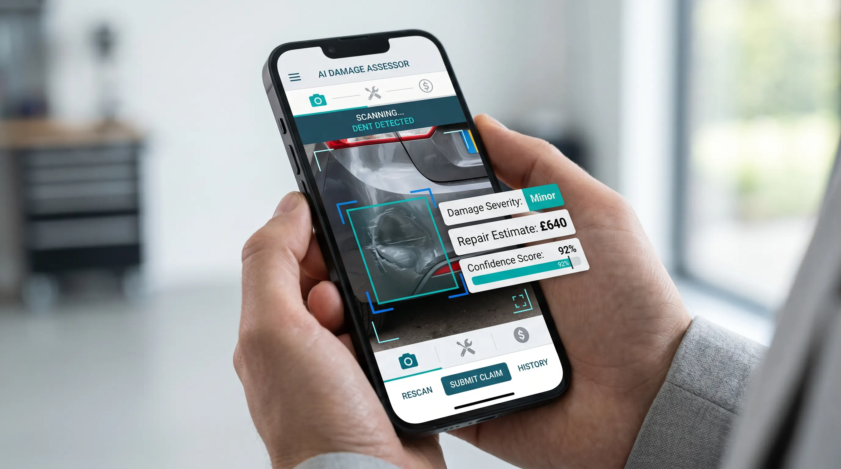 A hyper-realistic close-up of a smartphone displaying an AI damage scanning interface