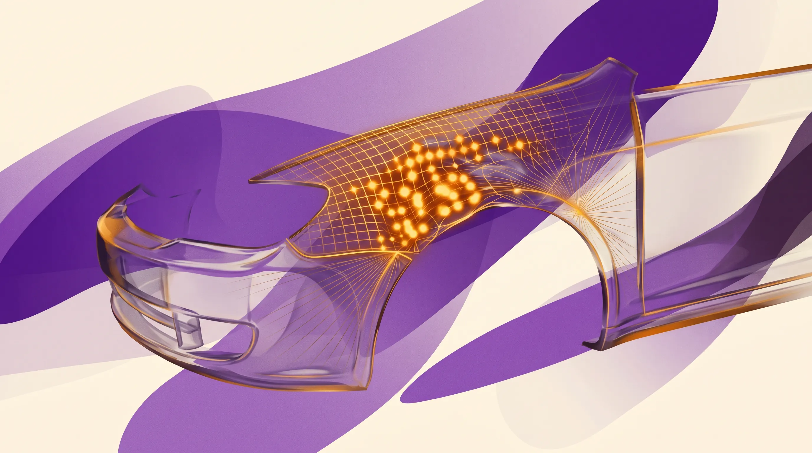 Abstract AI scan grid overlaying a translucent damaged vehicle bumper, highlighting a dented region