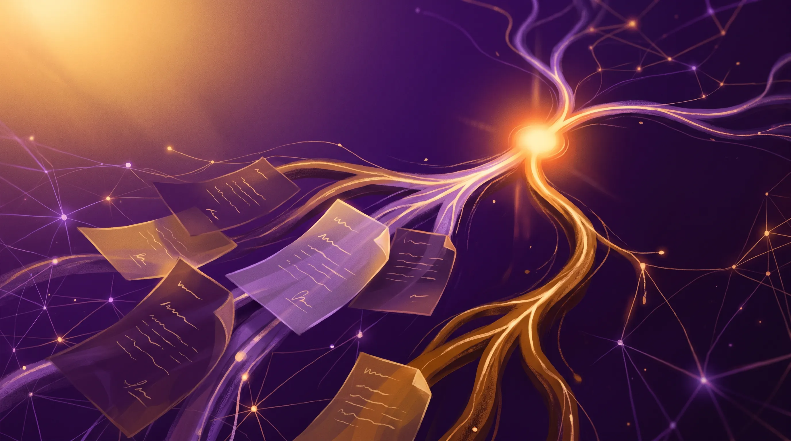 Abstract translucent documents flowing along branching luminous pathways toward a single bright decision node