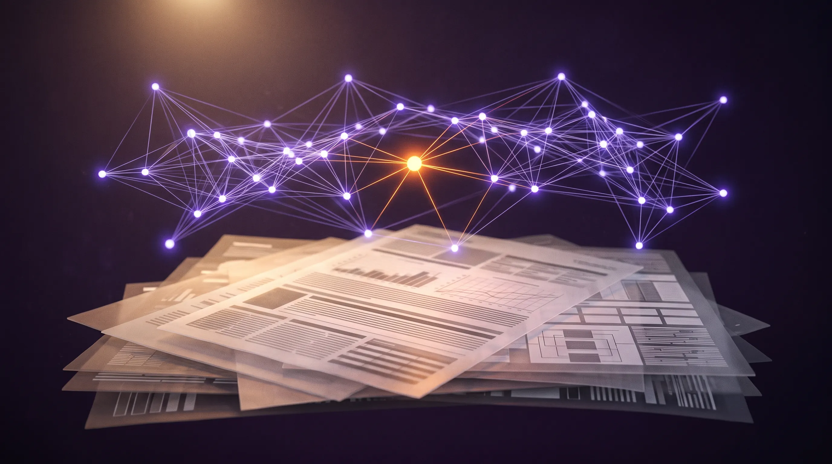 AI fraud detection network linking claim documents, highlighting one anomalous node in amber among violet nodes
