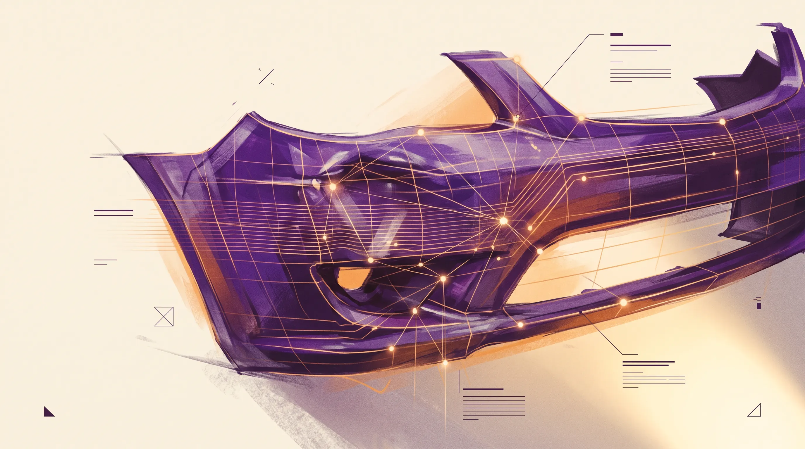 Abstract AI computer-vision overlay scanning damage on a vehicle bumper
