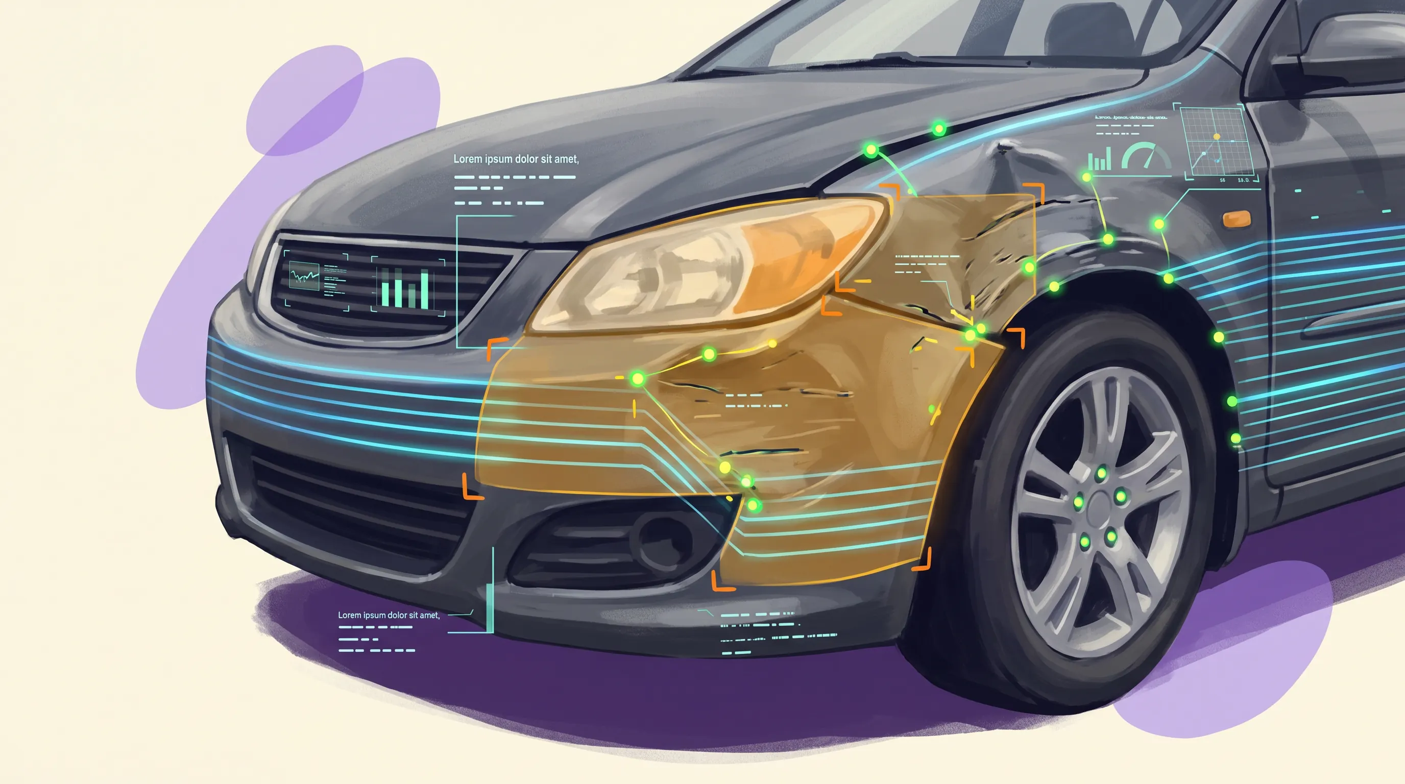 AI computer-vision overlay scanning a damaged vehicle bumper to assess repair severity