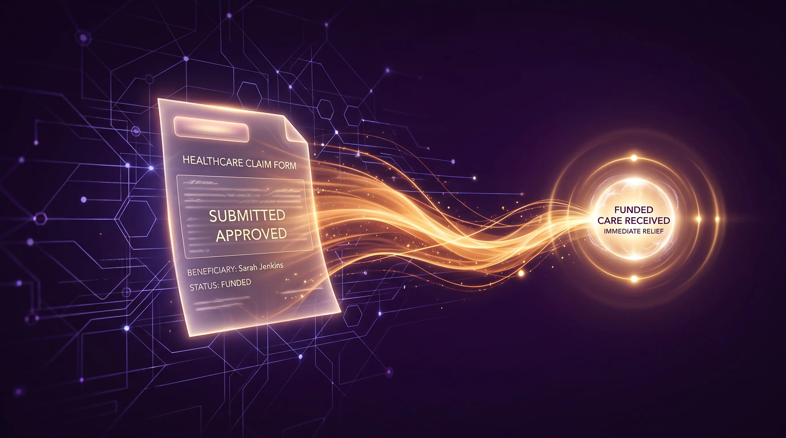 Abstract illustration of a claim payment flowing outward as warm light toward a glowing endpoint