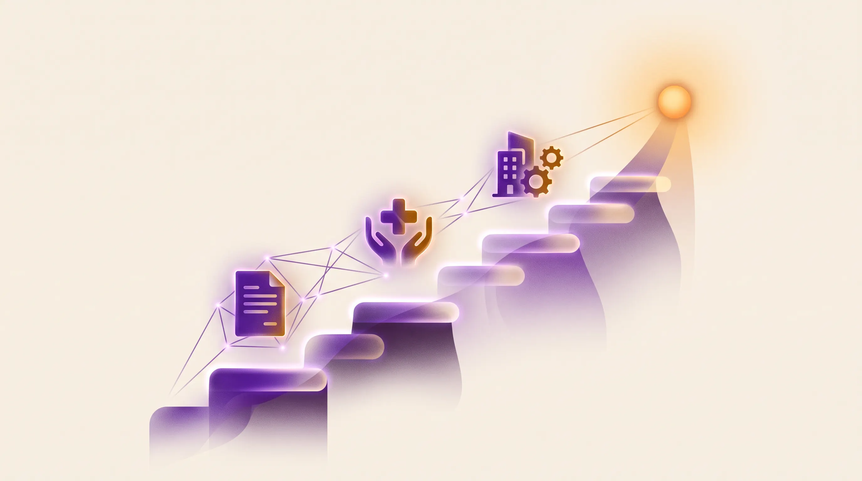 A recovery pathway rising toward a warm light, connecting care, documents, and return to work