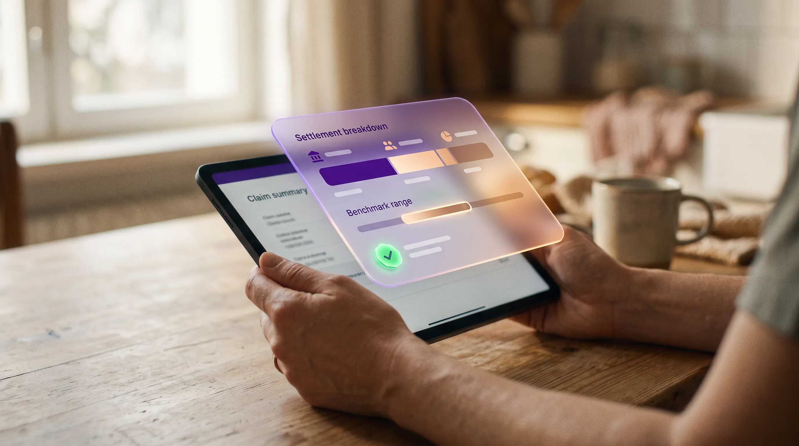 Claimant reviewing a plain-language AI settlement breakdown on a tablet