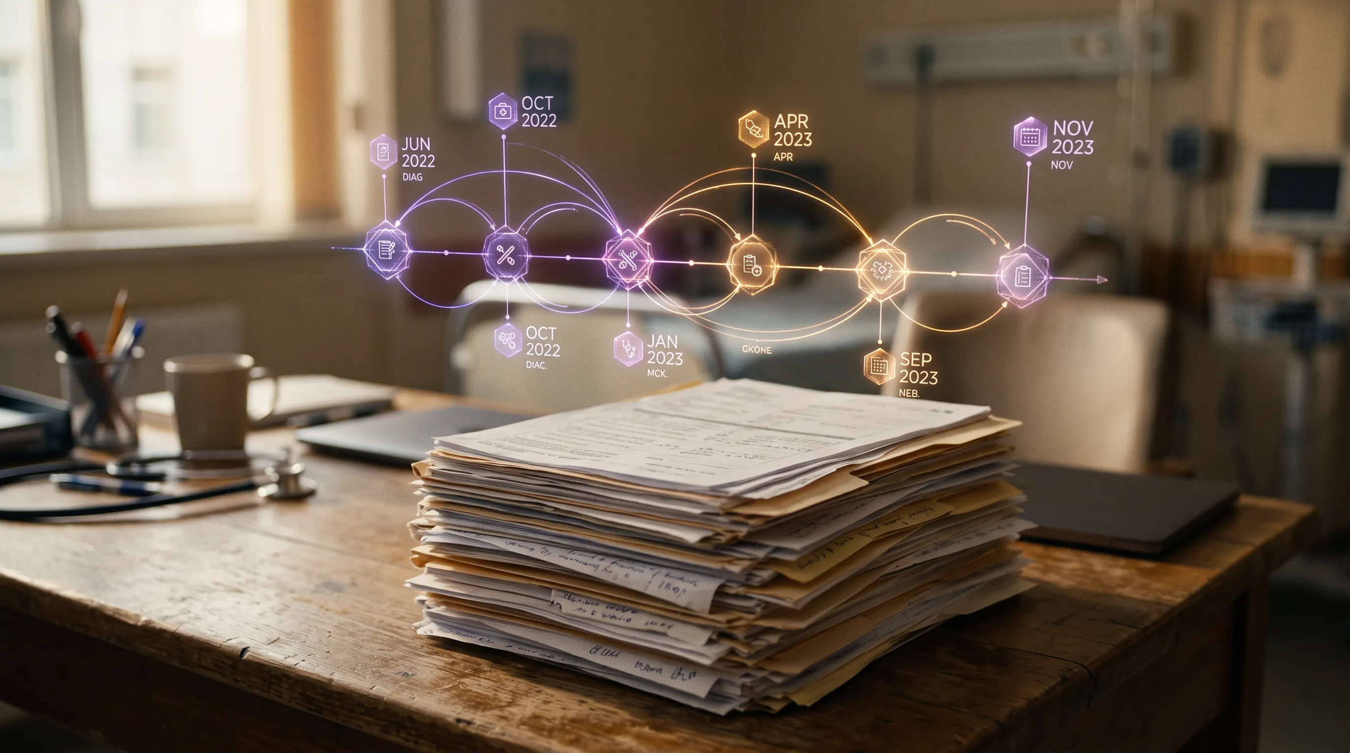 A stack of medical records being turned into a structured digital treatment timeline