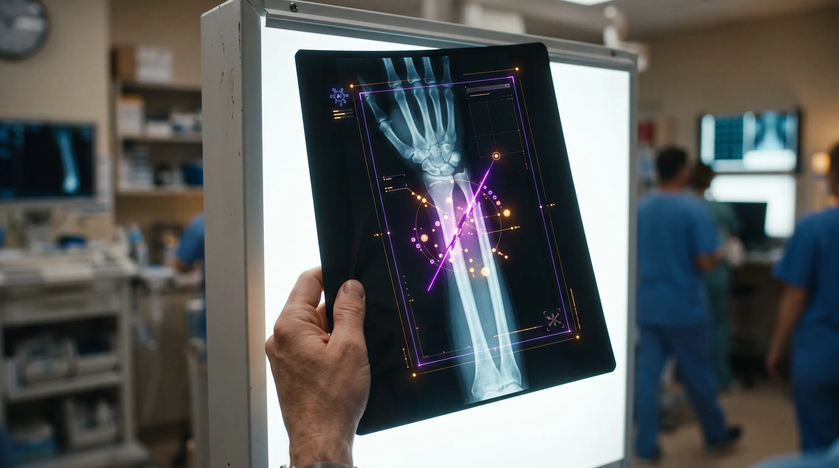 An AI overlay scanning a medical X-ray and highlighting an injury