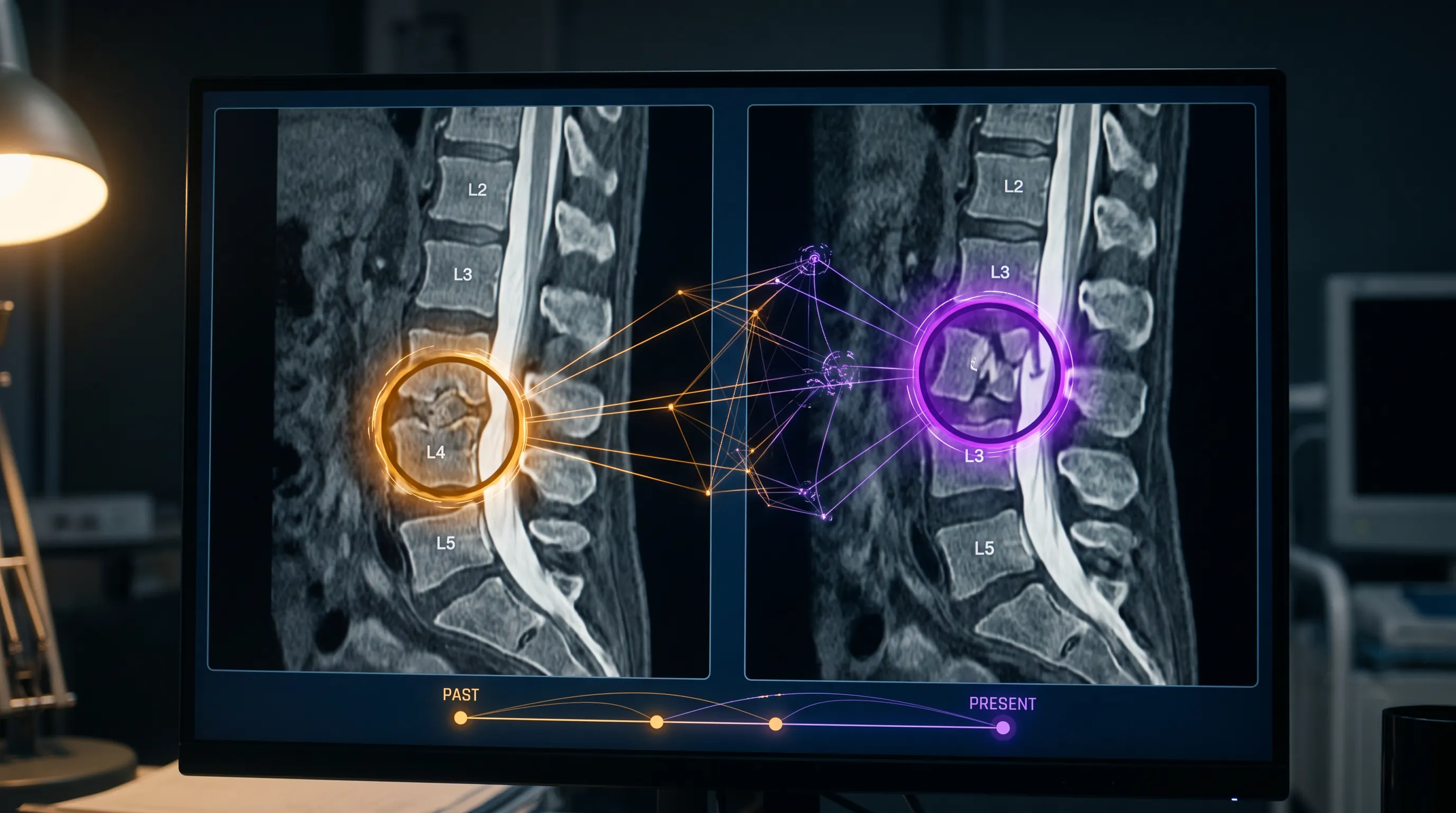 AI overlay comparing an old healed injury and a fresh one across two spine scans