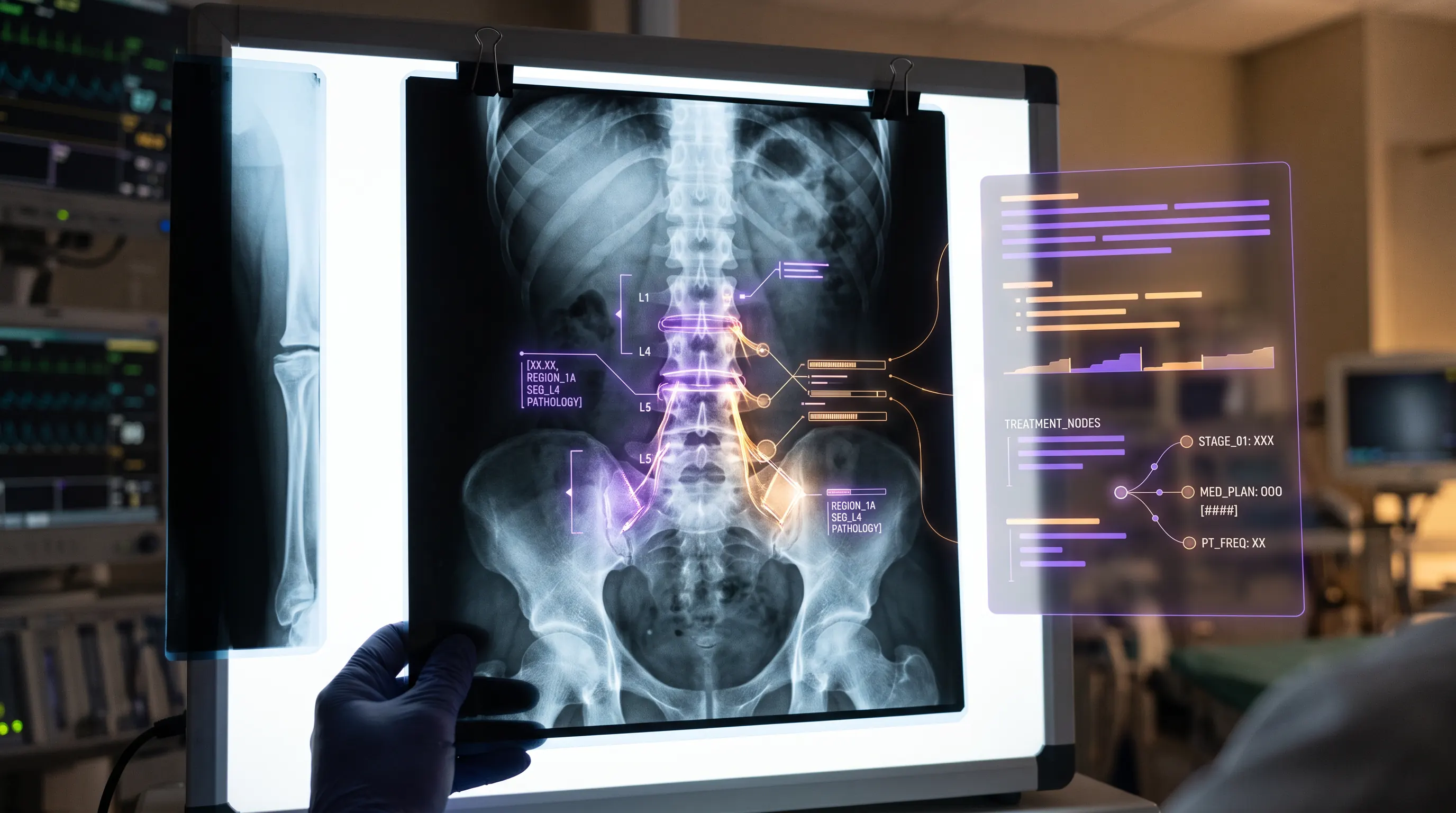 An AI overlay reading a medical scan to extract the prognosis and recommended care plan