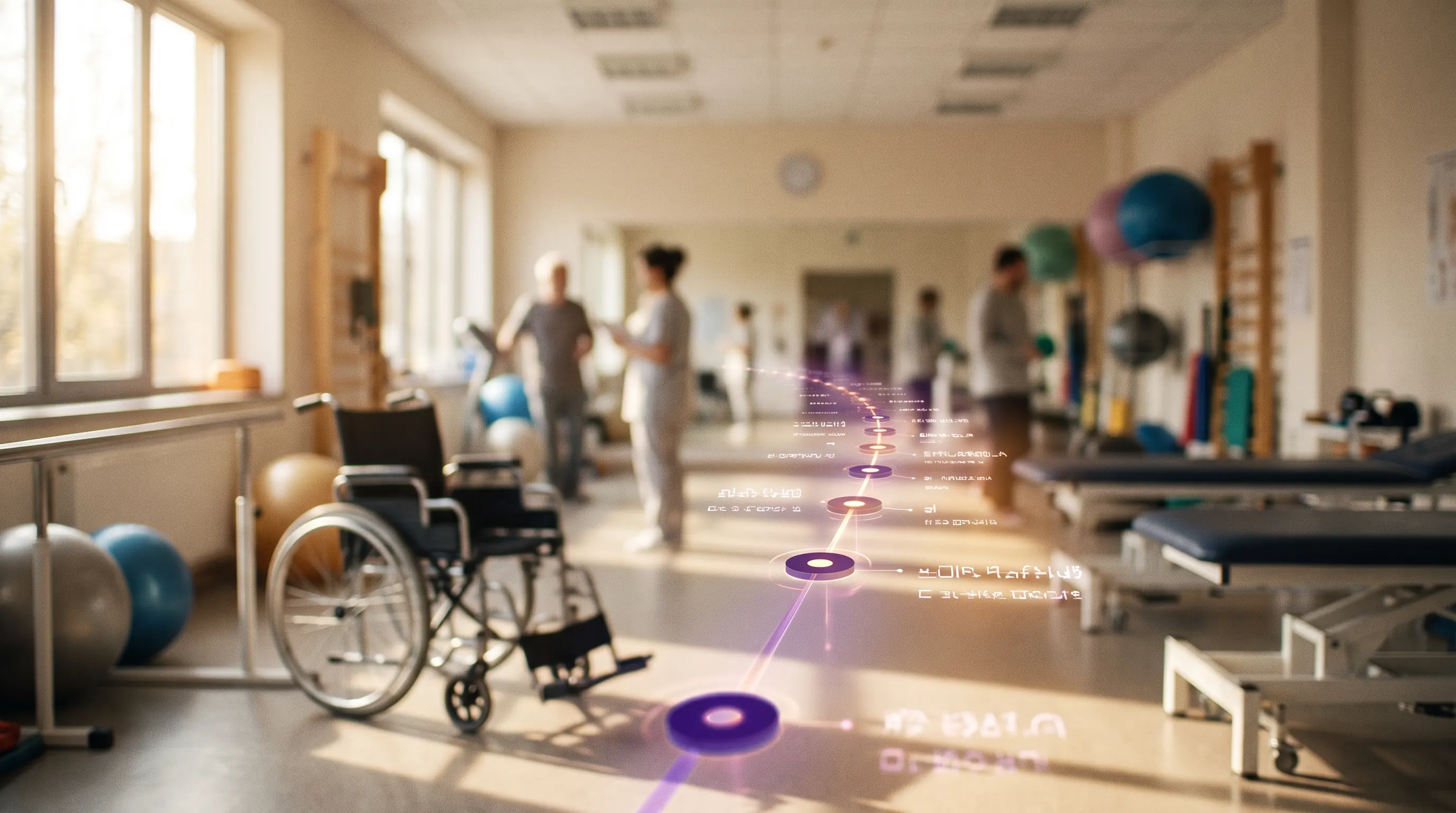 A projected long-term care-cost timeline overlaid on a rehabilitation setting