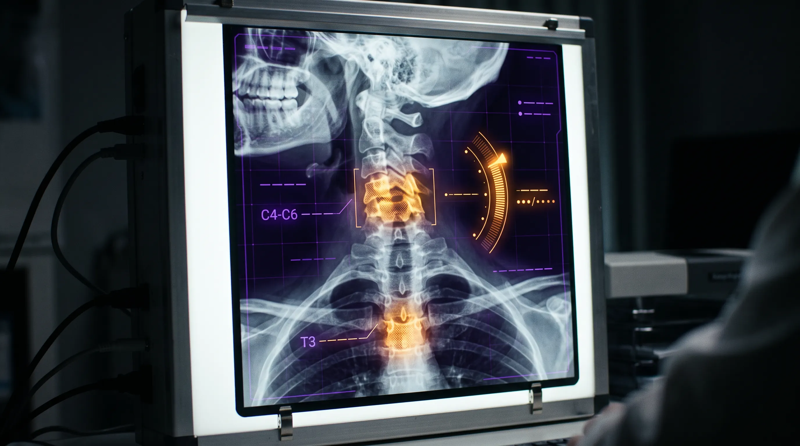 AI overlay highlighting injury regions and a severity scale on a medical X-ray