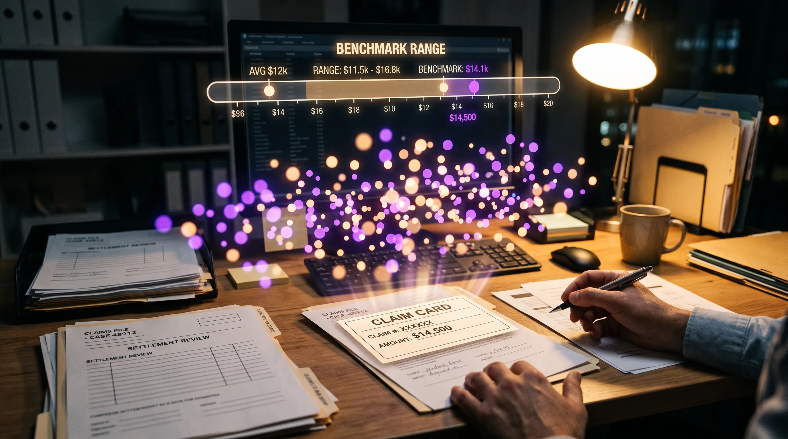A single claim benchmarked against a cloud of comparable settlement data points