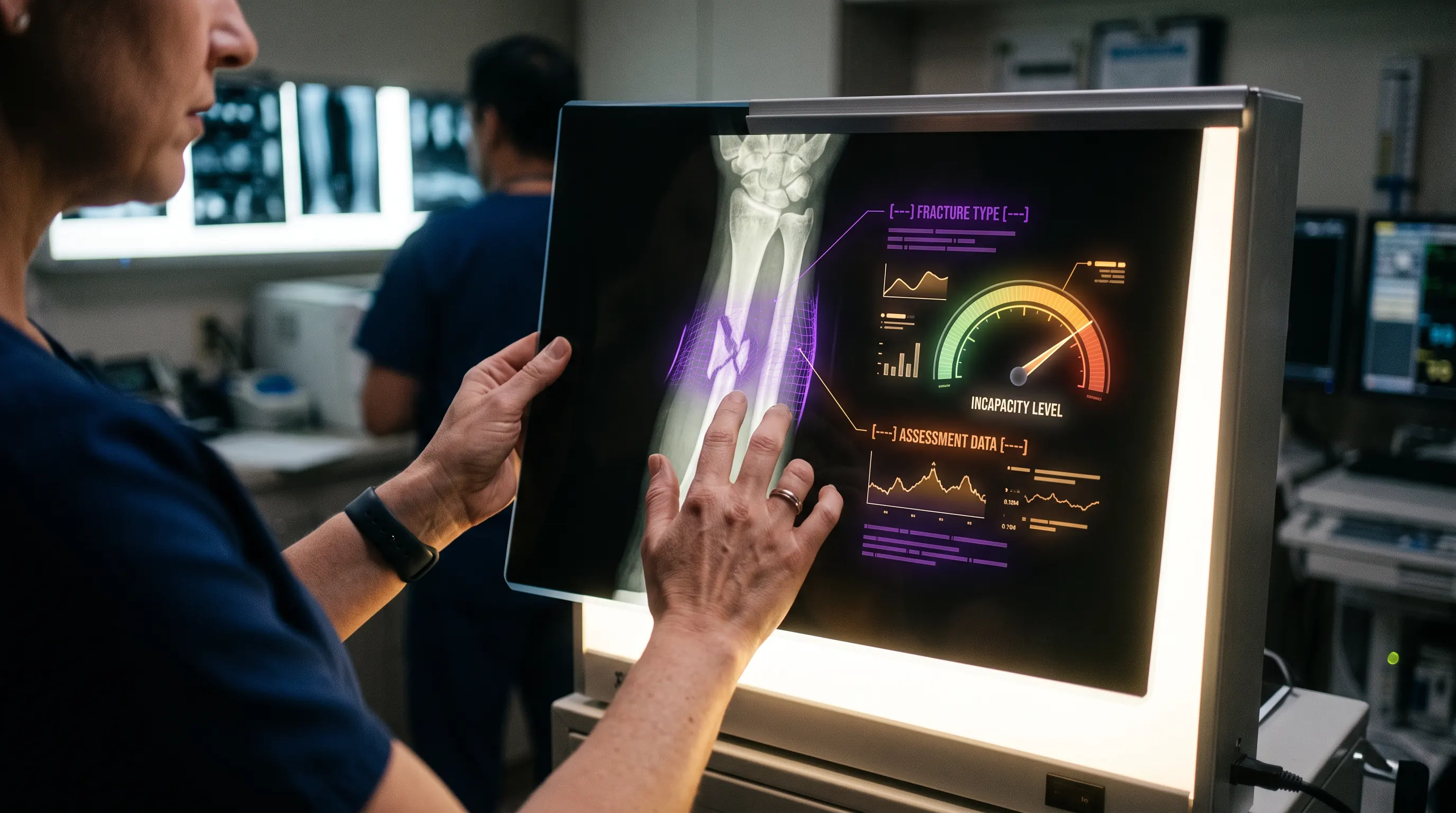 AI overlay assessing an X-ray and estimating a permanent incapacity percentage