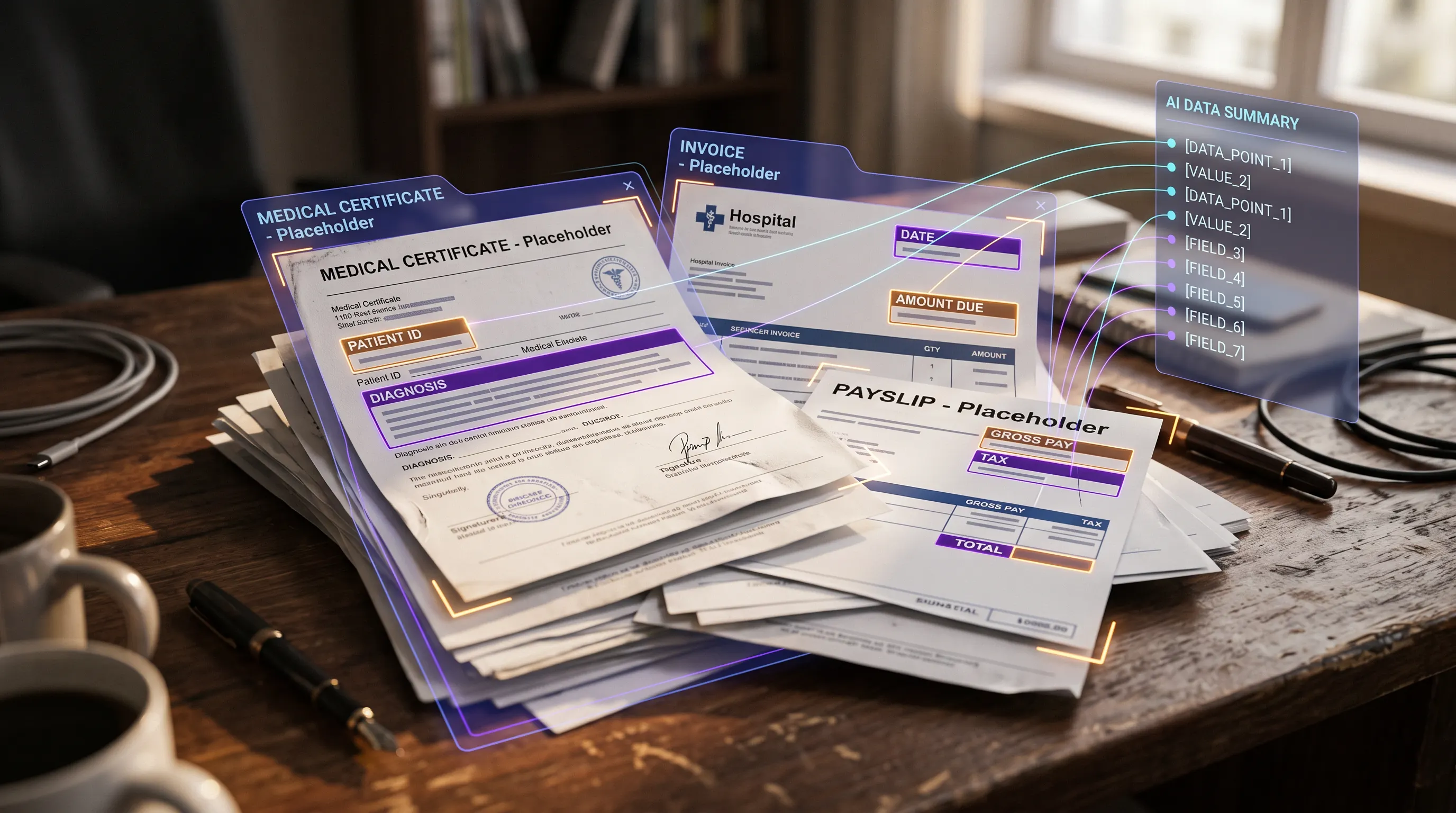 AI overlay extracting figures from medical certificates, an invoice, and a payslip