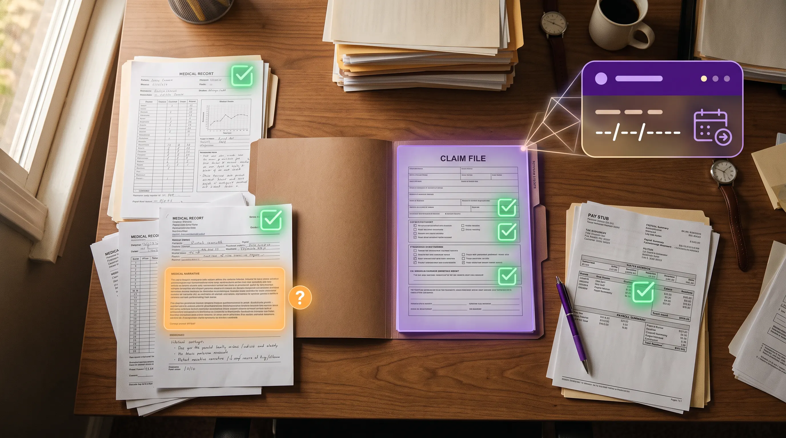 A claim file with a data overlay marking completed and pending documents and a projected settlement date
