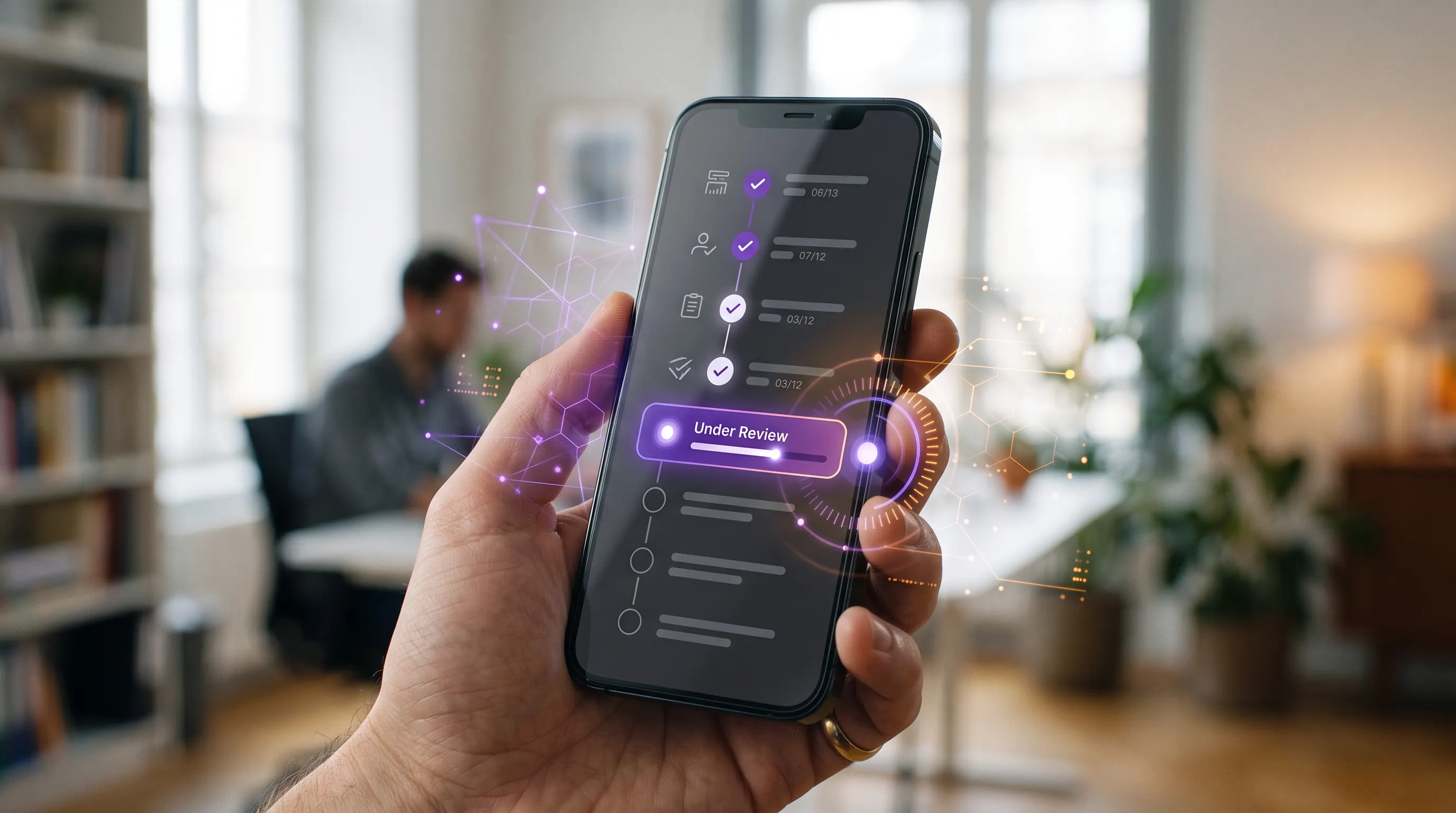 A smartphone showing a live claim-status timeline with an AI data overlay