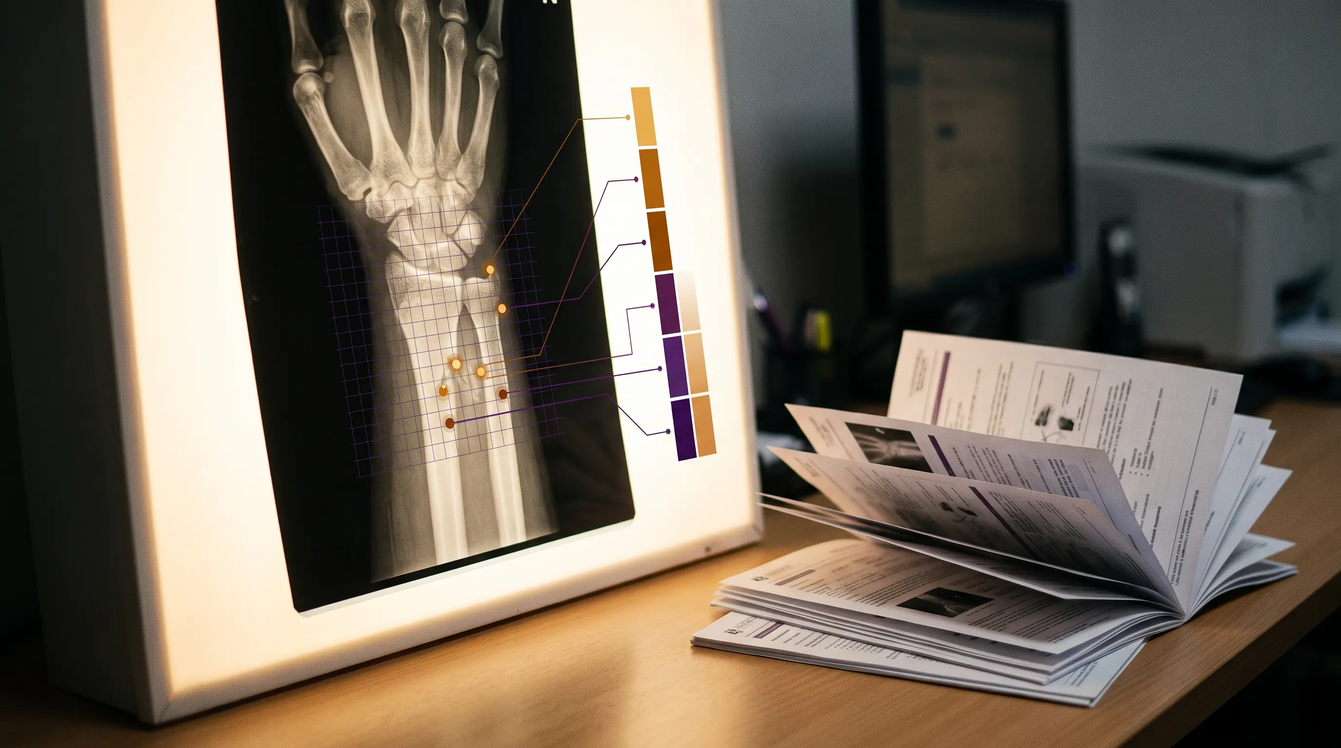 A medical scan and report pages with a translucent AI overlay mapping injury findings to an impairment scale