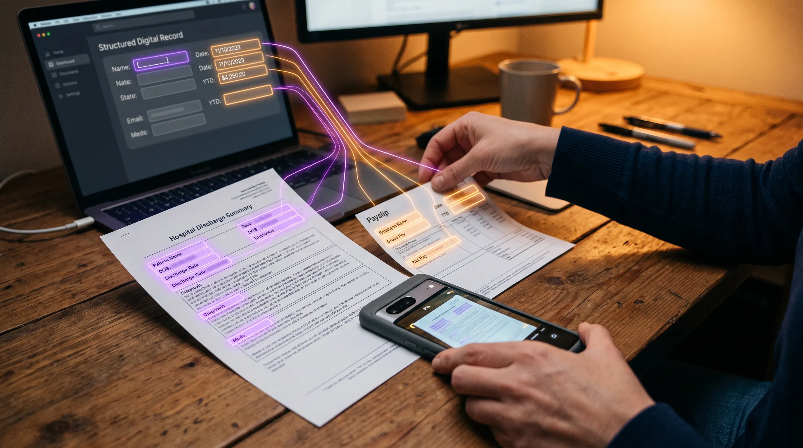 AI extracting medical and income fields from documents into a structured claim file