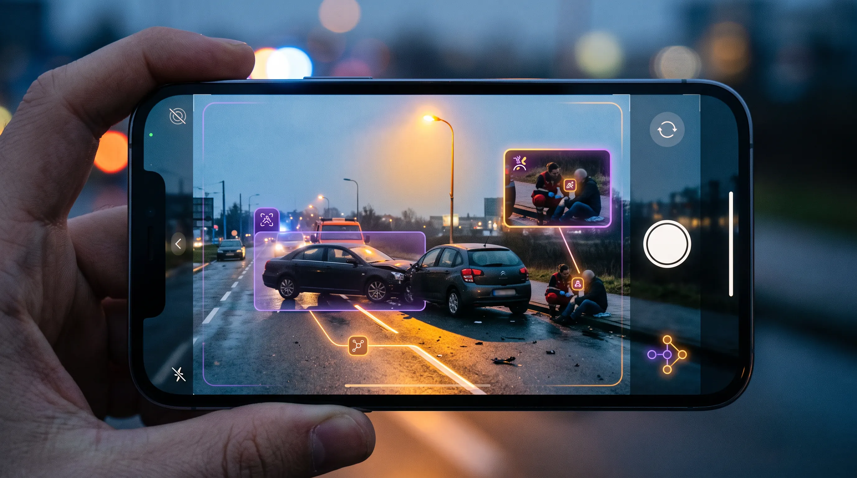 AI overlay highlighting scene and injury evidence captured on a phone at the accident site