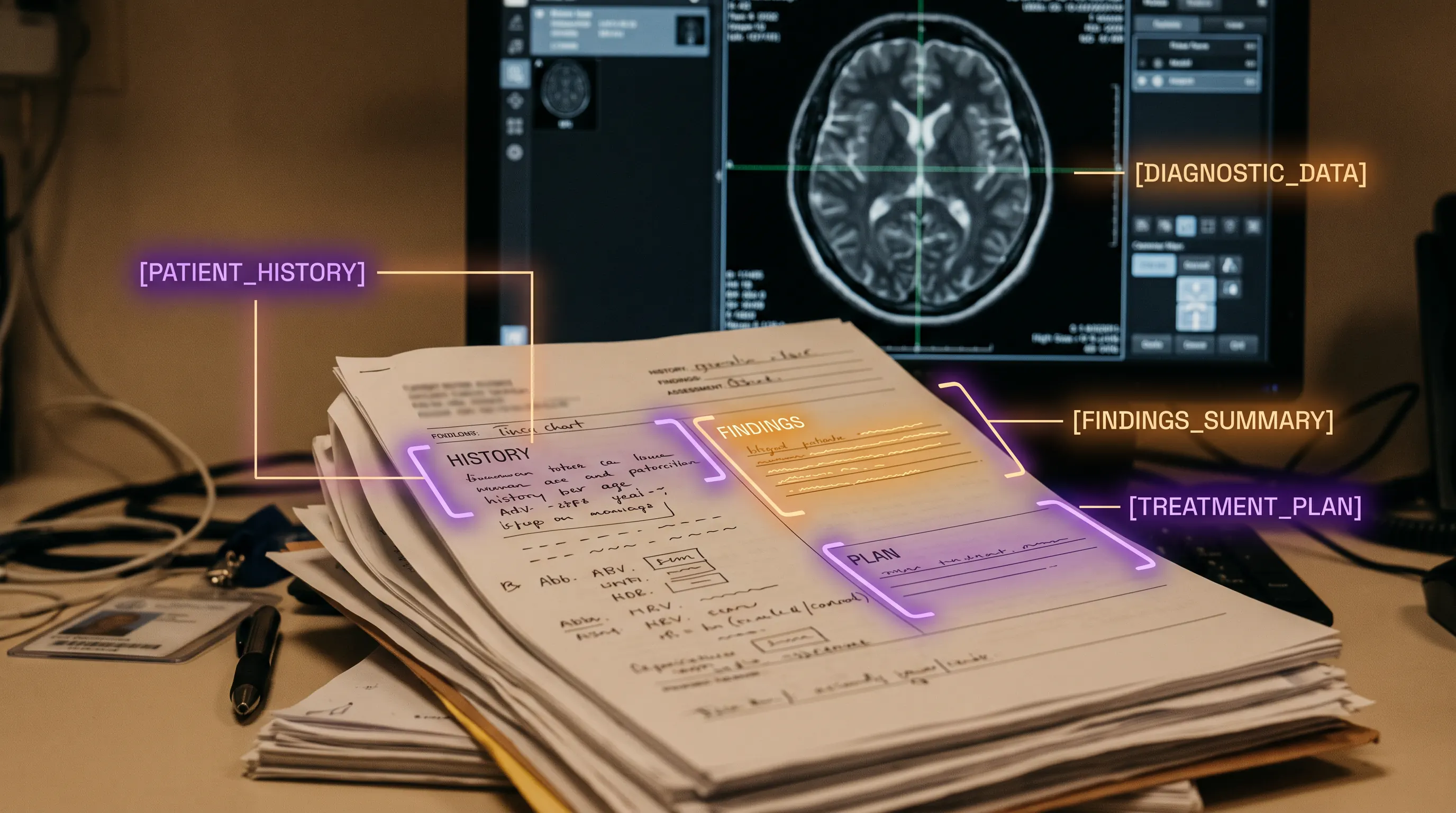 Translucent AI overlay sorting clinical notes into structured report fields