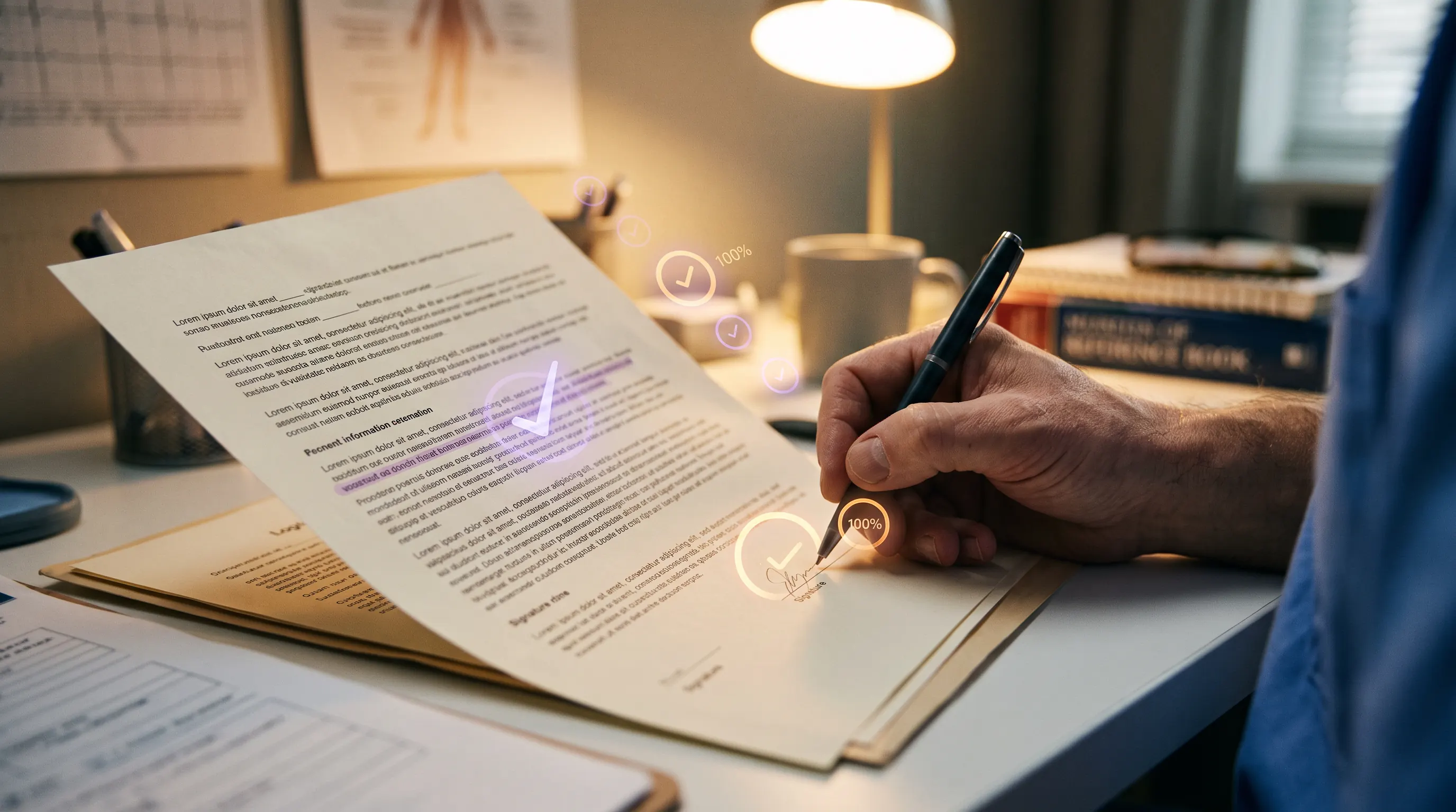 Clinician reviewing and signing an AI-prepared medical report with completeness indicators