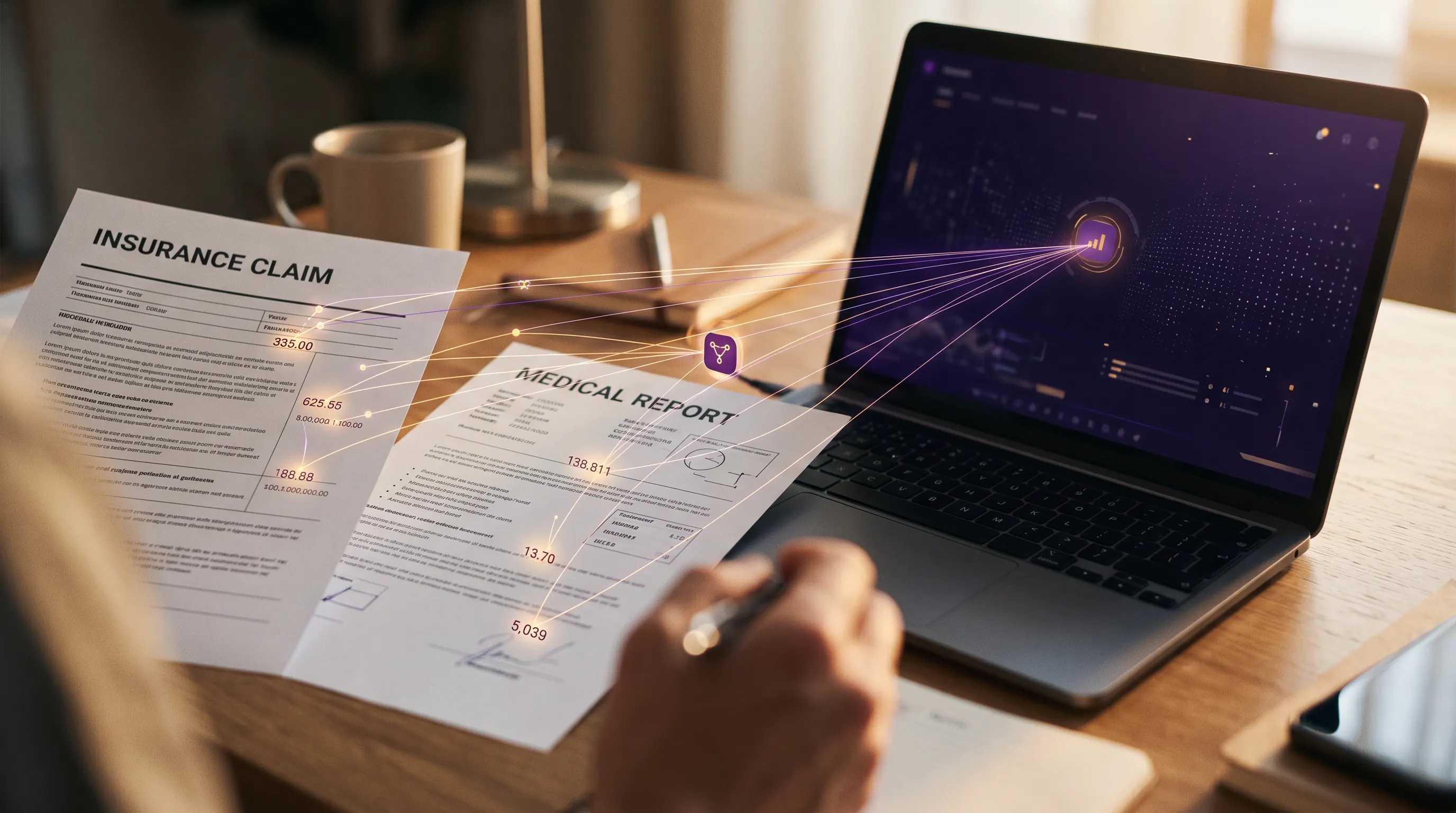 AI overlay validating claim figures against benchmark data on a desk