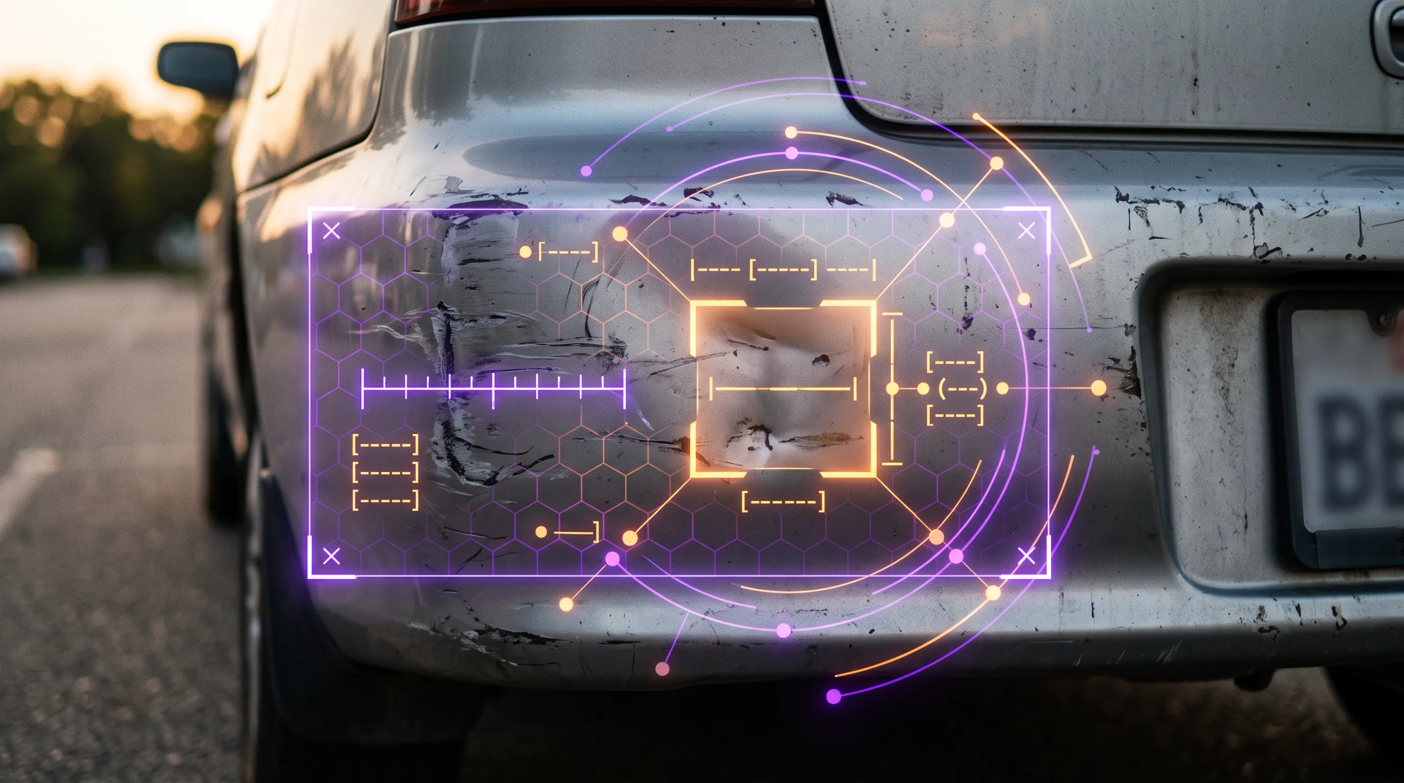 AI scan overlay highlighting the damaged areas of a car bumper